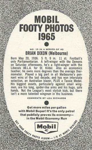 1965 Mobil Footy Photos VFL #13 Brian Dixon Back